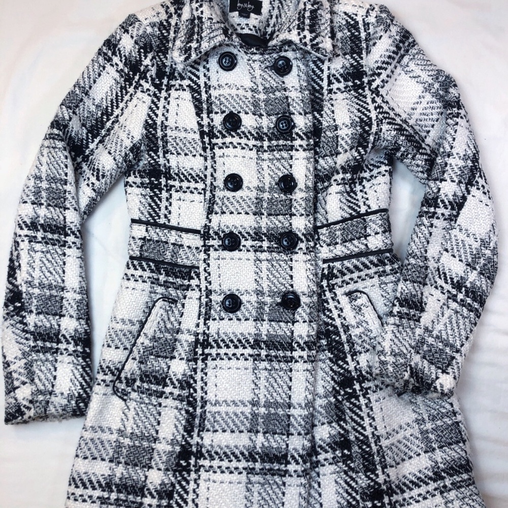 By & By Black & White Double Breasted Plaid Trench Coat Sz Small